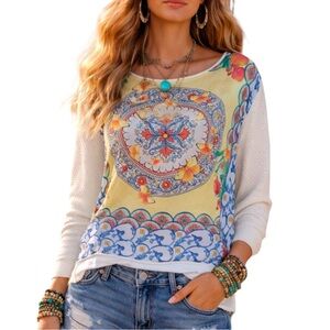 Farm Rio Boho Chic Yellow Mixed Print Mandala Butterfly Knit Pullover Top Medium